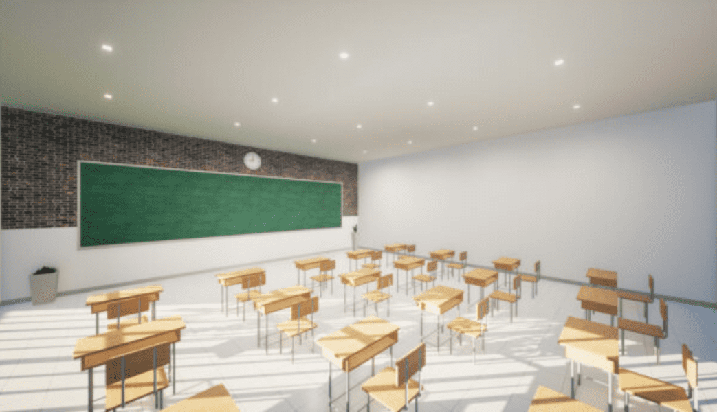 Classroom with Green Chalkboard and wooden benches